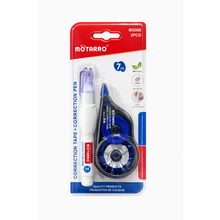 Motarro correction pen and tape set packaging on a white background