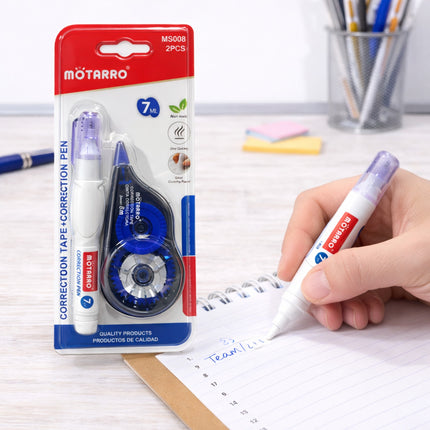 Motarro correction pen and tape set with a hand using the pen on paper.