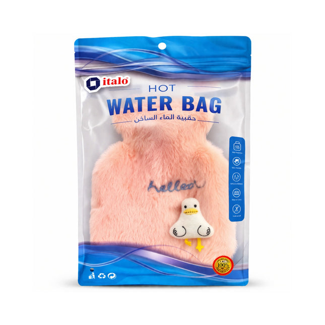 Pink hot water bag with 'hello!' text in a blue packaging on a white background