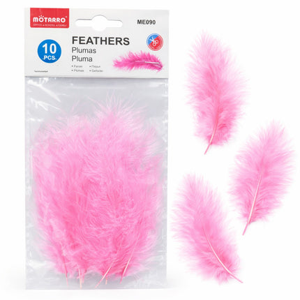 Pink feathers with a package labeled 'Motarro' on a white background