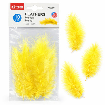 Yellow feathers with a Motarro packaging label on a white background