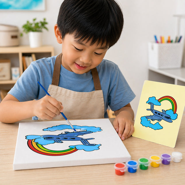 Child painting a picture of an airplane with a rainbow on a canvas, surrounded by art supplies.