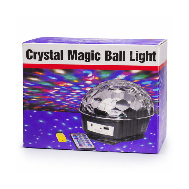 Box of a Crystal Magic Ball Light with colorful disco ball design on a white background