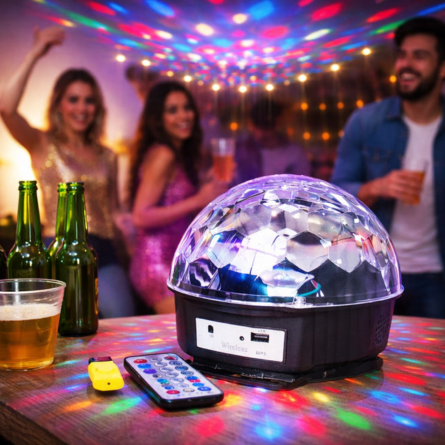 Disco ball with remote control on a table with people dancing in the background