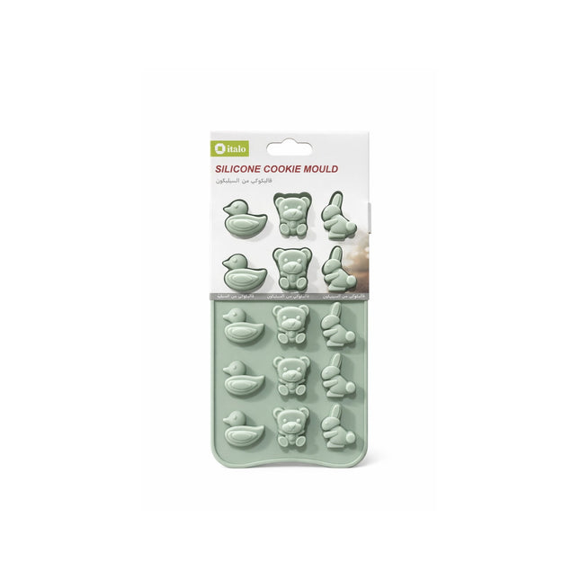 Silicone cookie mould with various shapes on a white background