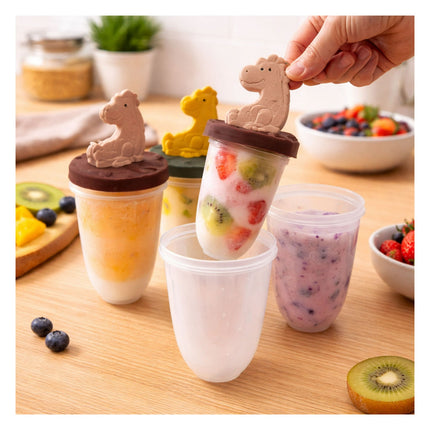 Hand holding a popsicle with a dinosaur-shaped lid, surrounded by various fruit and containers on a wooden table.