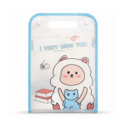 Card with cartoon character holding a blue bear and text 'I Very Miss You' on a white background