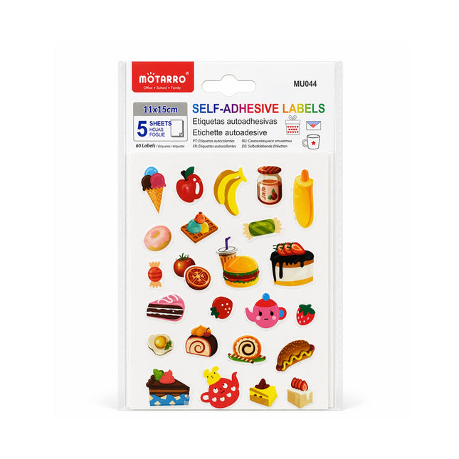 Pack of self-adhesive labels with food-themed designs on a white background