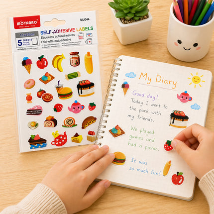 Child using colorful self-adhesive labels on a notebook with a wooden surface and stationery items.