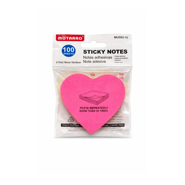 Pack of Motarro pink heart-shaped sticky notes with packaging on a white background