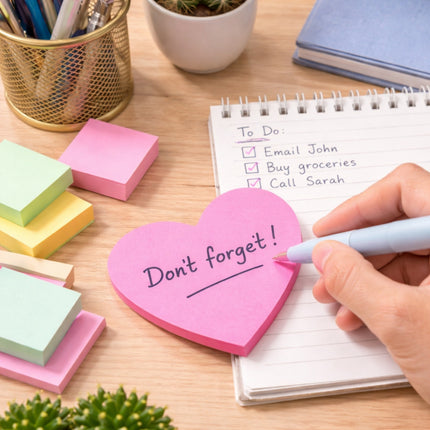 Heart-shaped pink sticky note with 'Don't forget!' text on a desk with stationery items.