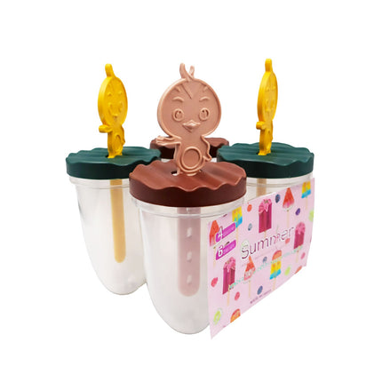 Popsicle mold with cartoon character and colorful design on a white background