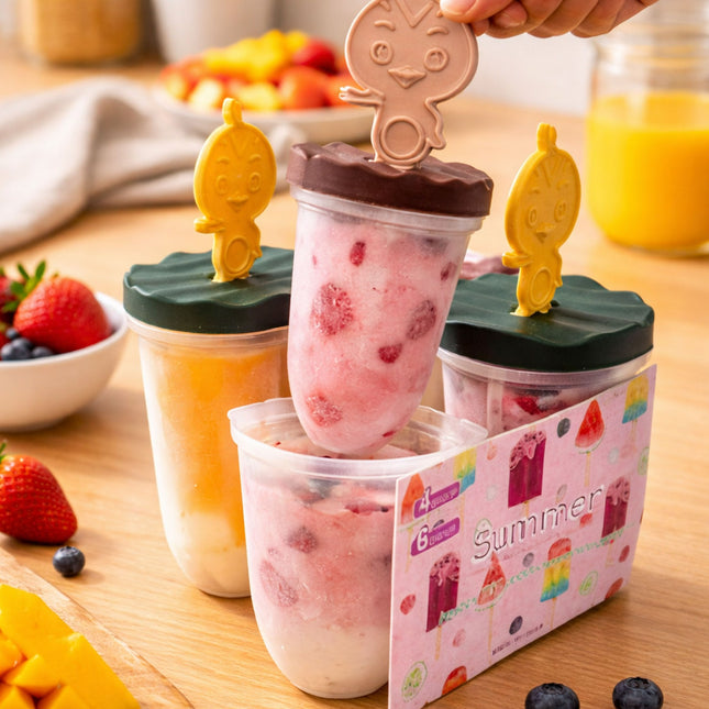 Ice cream popsicles in molds with a 'Summer' branded container on a wooden table.