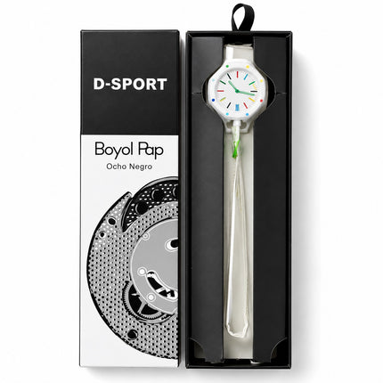 D-SPORT Boyol Pap Ocho Negro wristwatch presented in its black and white retail box, with the watch visible inside the right compartment and the branded packaging on the left.