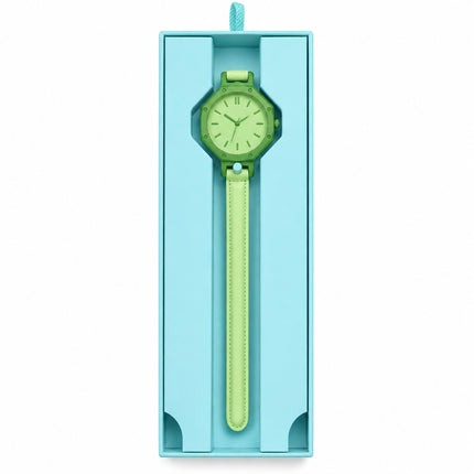 A lime green watch with a matching green strap and hexagonal dial, presented inside a light blue rectangular gift box on a white background.