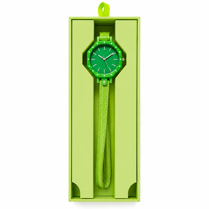 A bright lime green wristwatch with a matching green dial and strap, presented inside a tall lime green gift box on a white background.