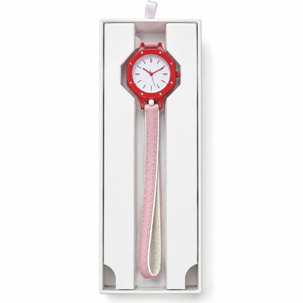 A wristwatch with a bright red octagonal case, white dial, and light pink strap, presented inside a white gift box on a white background.