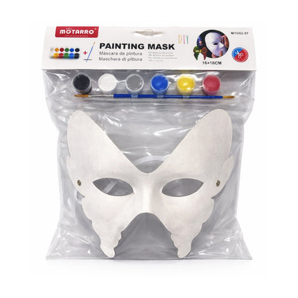 Painting mask kit with white mask and paint supplies on a white background