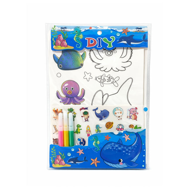 Packaged DIY craft set with ocean-themed stickers and markers on a white background