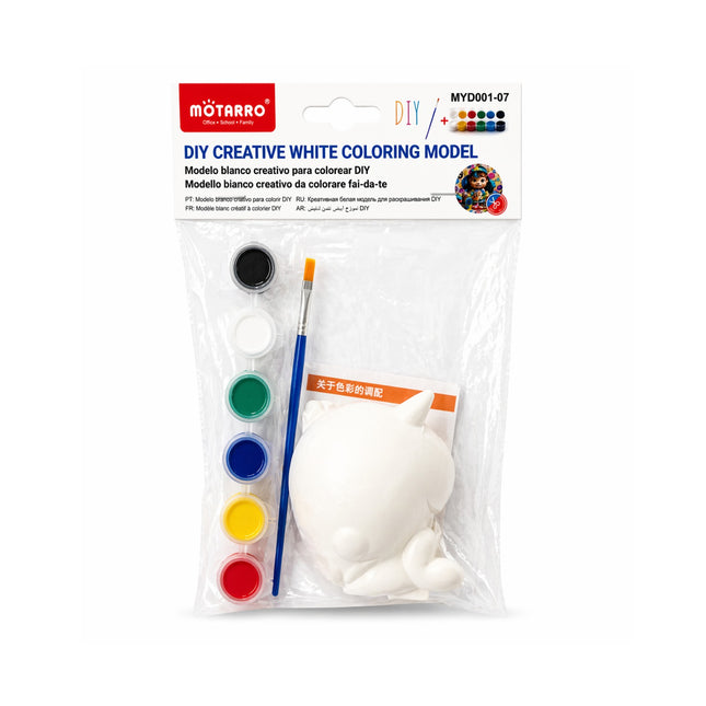 Motarro DIY creative white coloring model packaging with paintbrush and color swatches.