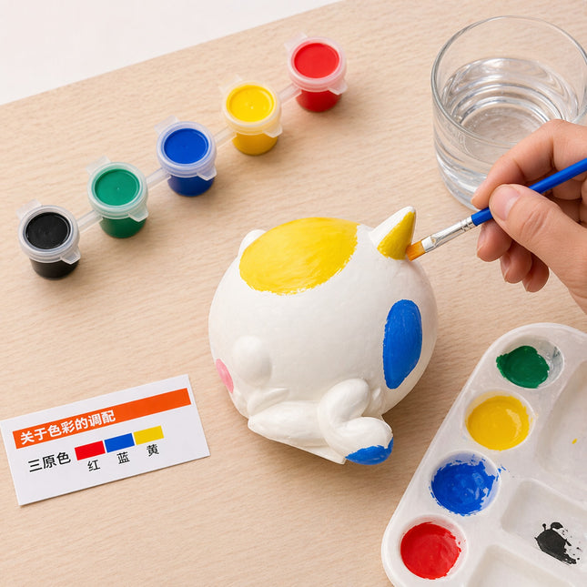 Person painting a small ceramic dog figurine with colorful paint on a wooden table.