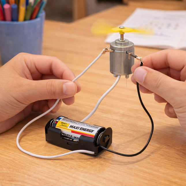 Hands holding a small motor with wires connected to a Maxi Energy battery on a wooden surface.