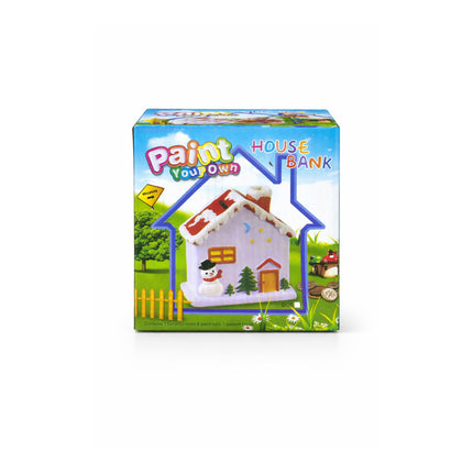 Box of a 'Paint Your Own House Bank' toy with a house illustration on a white background.