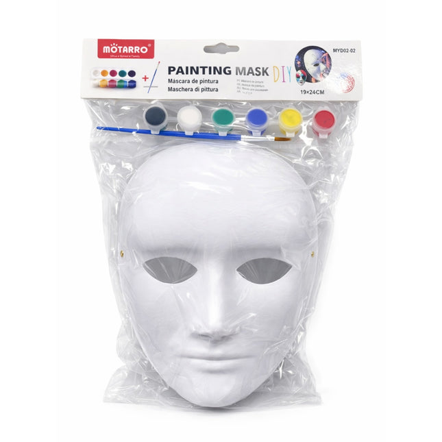 White painting mask with paint supplies in packaging on a white background