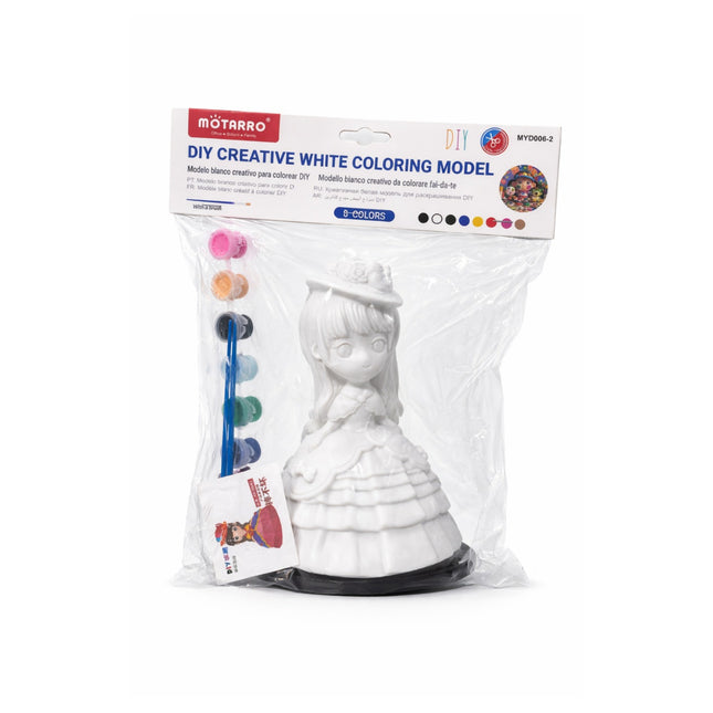 White coloring model in packaging with color swatches on a white background