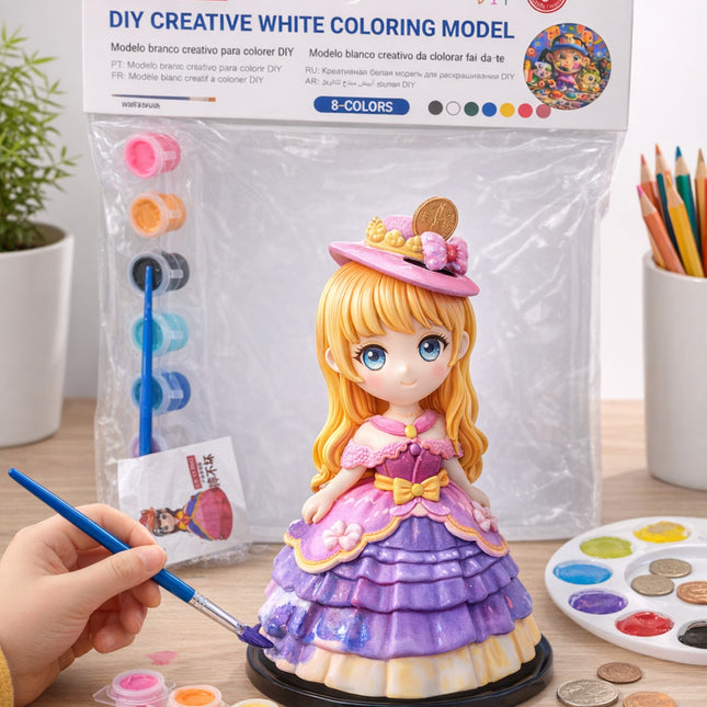 Coloring model with a hand using a paintbrush, surrounded by coloring supplies on a table.