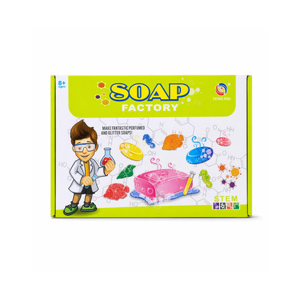 Soap Factory STEM kit packaging with a scientist illustration on a white background