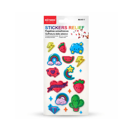 Pack of colorful stickers with various designs on a white background