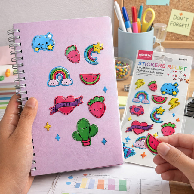 Colorful stickers on a notebook with a sheet of stickers in the background.