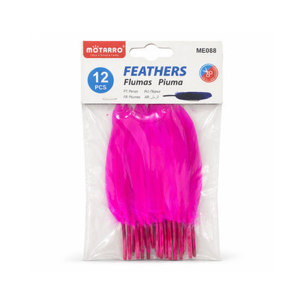 Package of pink feathers with Motarro branding on a white background