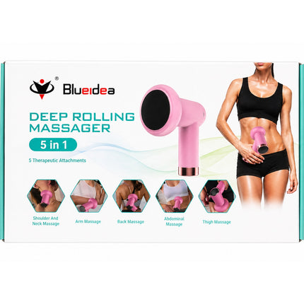 Bluidea Deep Rolling Massager packaging with a woman using the massager on her abdomen.
