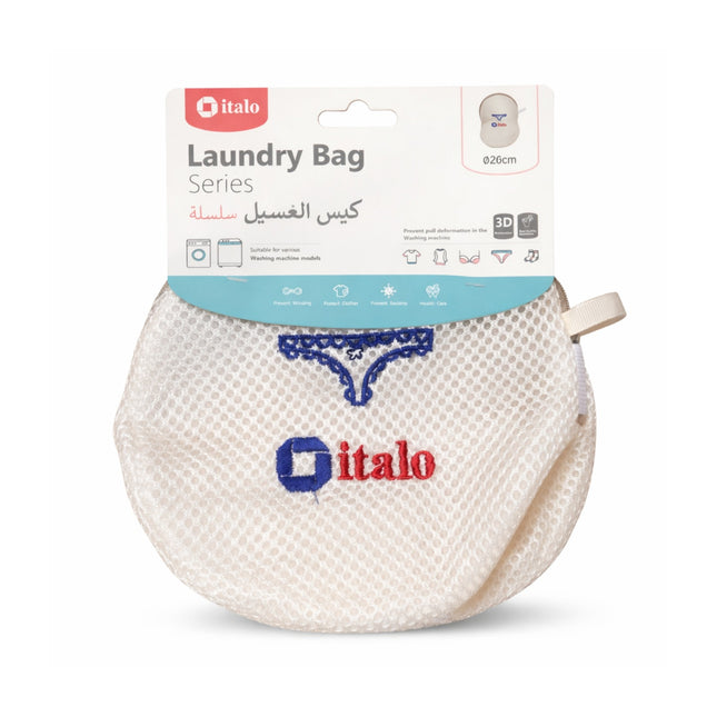 Laundry bag with packaging labeled 'italo' on a white background
