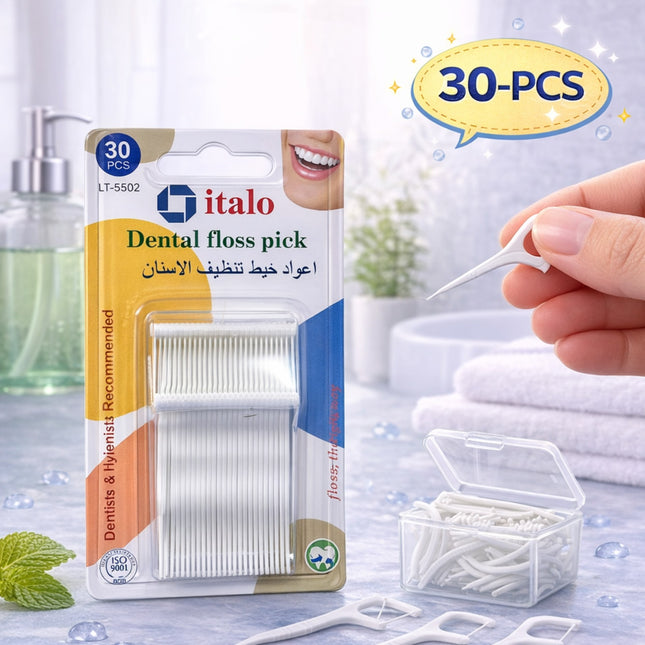 Italo dental floss pick packaging with a hand holding a floss pick, set against a bathroom background.