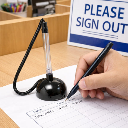Person signing out with a pen on a desk, next to a 'Please Sign Out' sign.