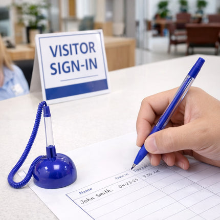 Hand holding a blue pen over a visitor sign-in sheet with a 'Visitor Sign-In' sign in the background.