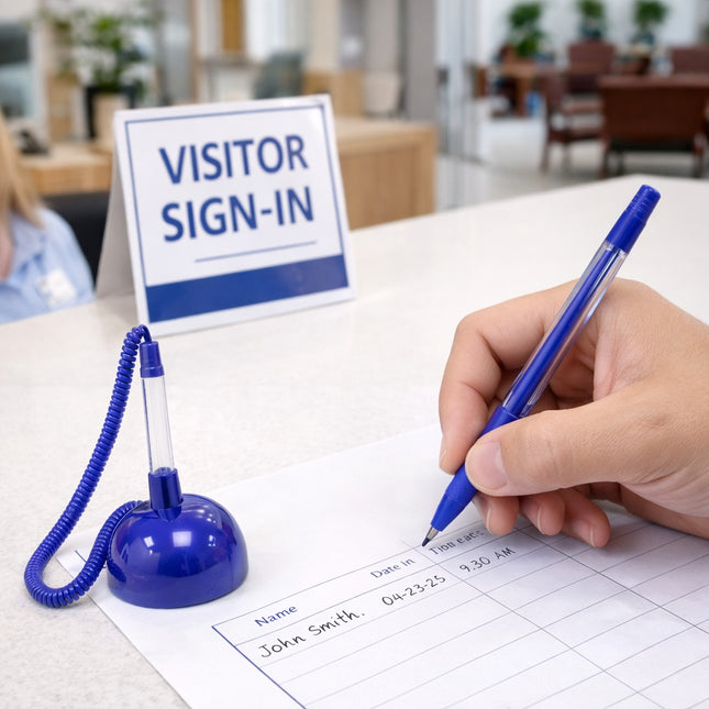 Hand holding a blue pen over a visitor sign-in sheet with a 'Visitor Sign-In' sign in the background.
