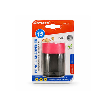 MOTARRO pencil sharpener packaging with pink top and clear body on a white background