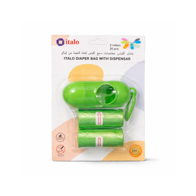 Italo diaper bag with dispenser packaging on a white background