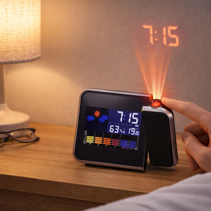 Digital clock with projection feature on a wooden surface, displaying time and weather information.
