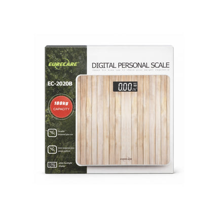 Digital personal scale with wooden design in packaging on a white background