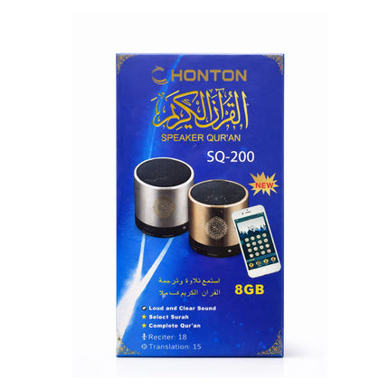 Box of Honton Speaker Quran SQ-200 with images of speakers and a smartphone on a blue background.