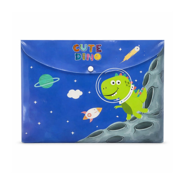 Blue envelope with a dinosaur astronaut design on a white background