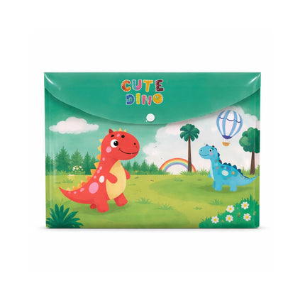 Children's pouch with cartoon dinosaurs and 'Cute Dino' text on a green background