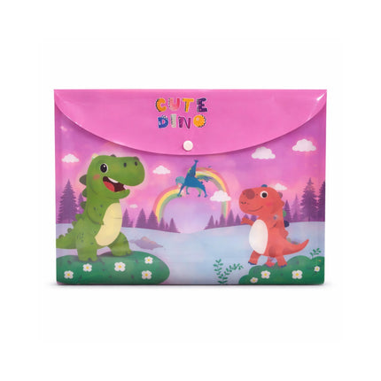 Pink envelope with dinosaur illustrations and 'Cute Dino' text on a white background