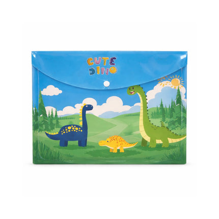 Children's pouch with dinosaur design and 'Cute Dino' text on a blue sky background.
