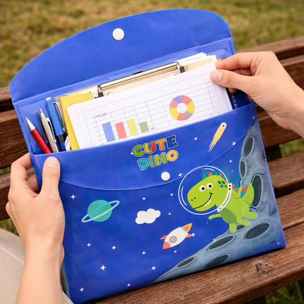 Blue folder with dinosaur design containing school supplies on a wooden bench outdoors.